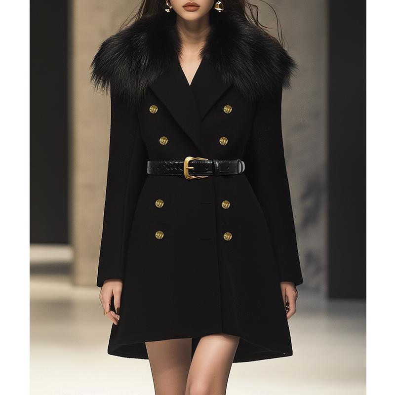 《粉丝专享》AUI黑色设计毛呢外套修身中长款呢子大衣TT-24W096752