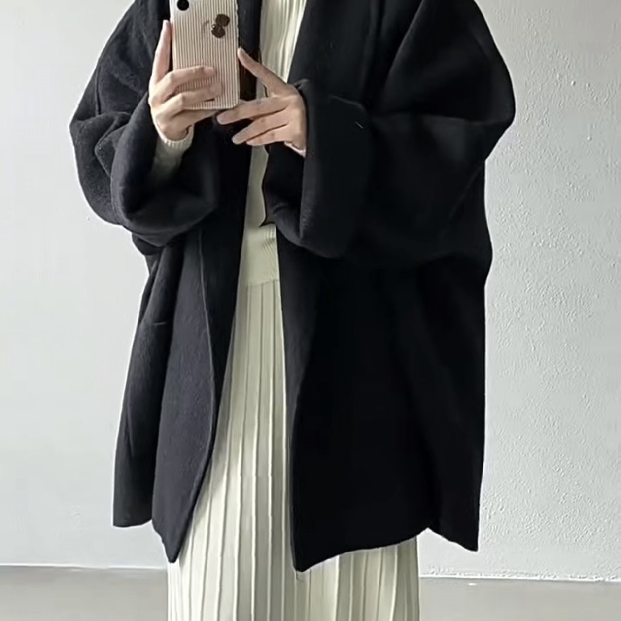 高级感气质无扣羊毛双面呢大衣大翻领宽松百搭外套