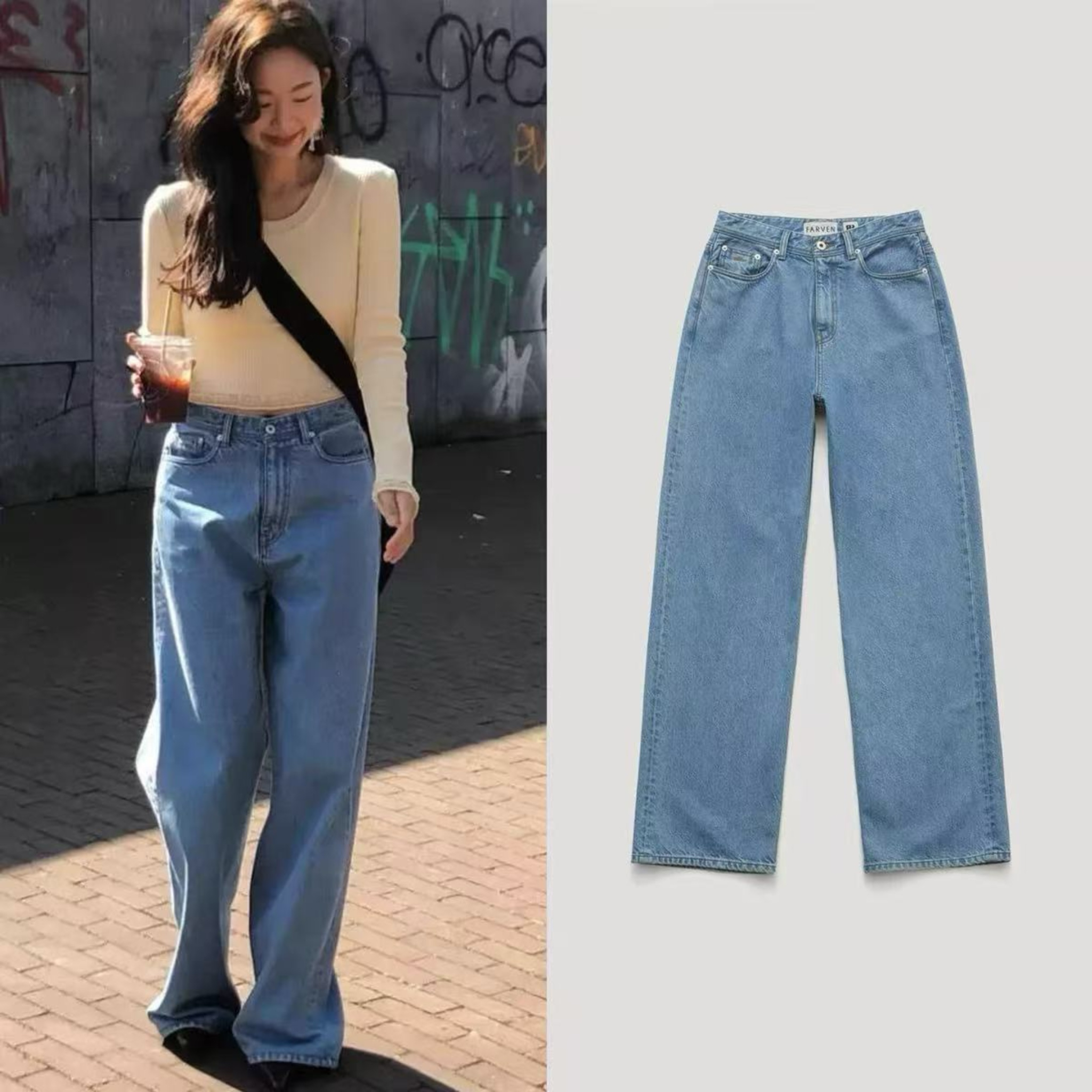 韩国farven订单款无弹力直筒牛仔裤
