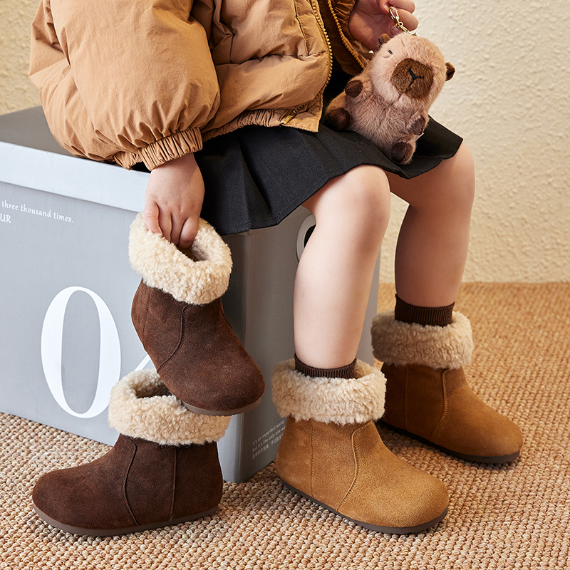 儿童真皮厚棉勃肯靴2025冬季新款男童保暖中筒棉靴女童加绒大棉鞋