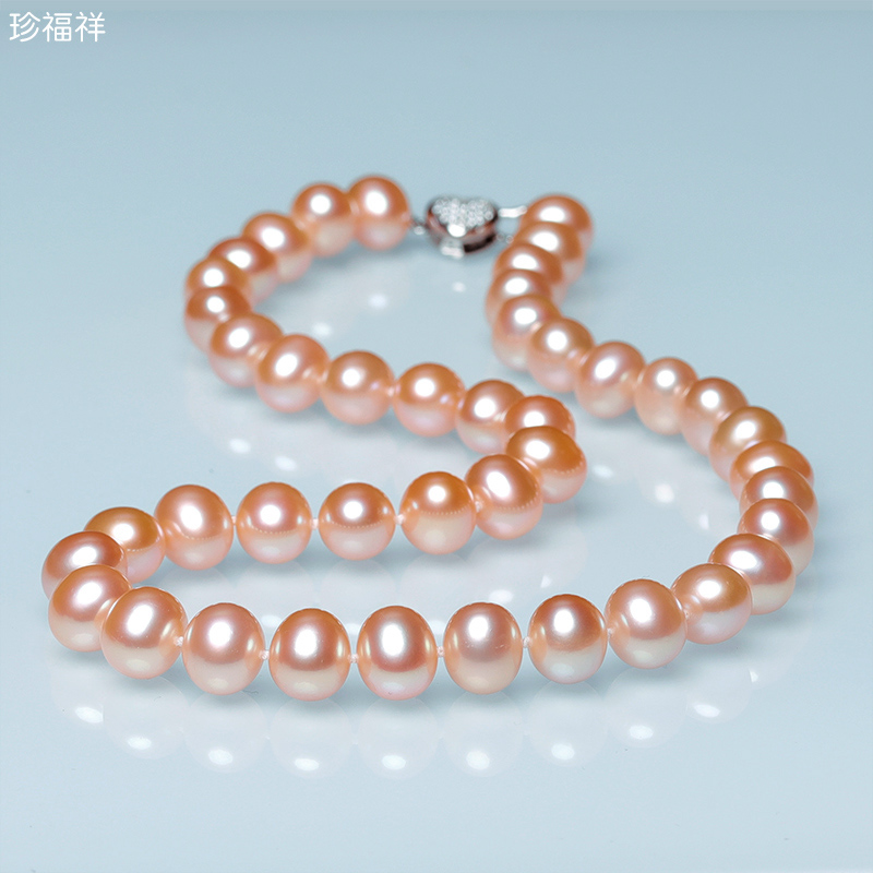 珍福祥极光粉色珍珠项链女新款近圆形时尚强光近无瑕高档珠宝礼物