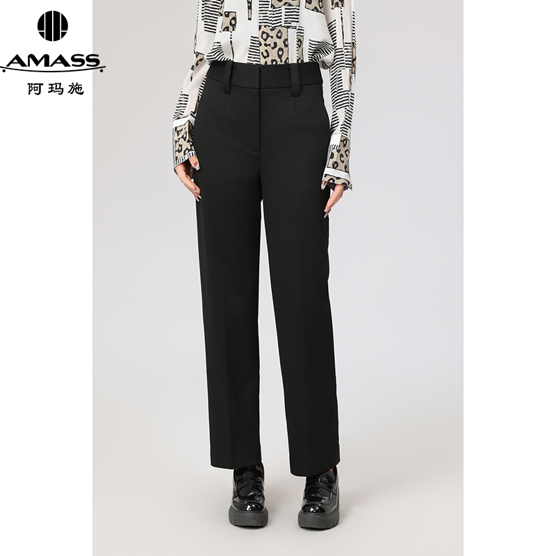 AMASS/阿玛施新款简约高腰显瘦质感黑色百搭加绒直筒裤女 5100336