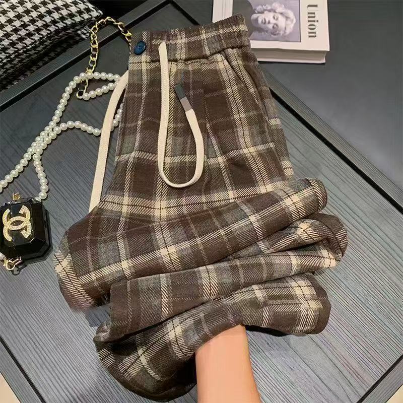 撞色加绒格子裤女春秋冬复古慵懒拖地直筒裤高腰垂感毛呢阔腿裤子