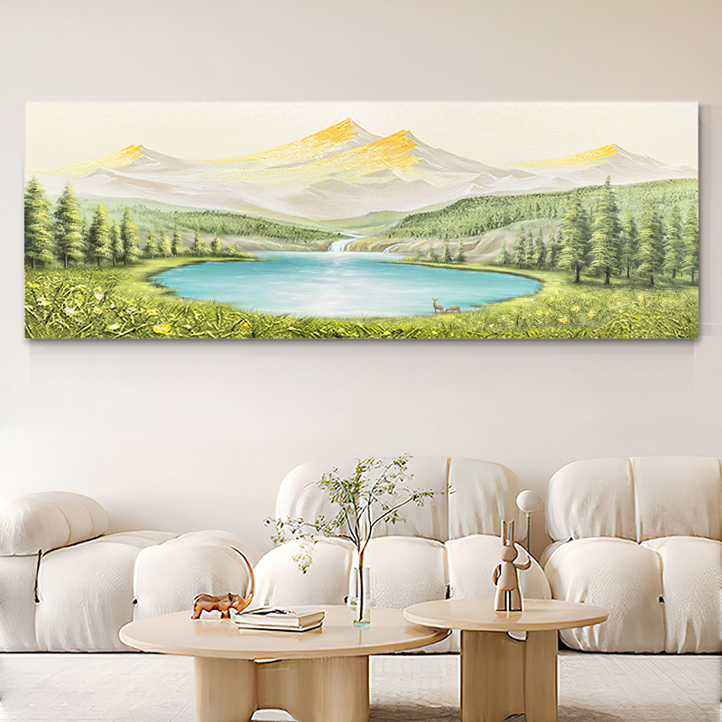 日照金山客厅沙发背景墙装饰画现代奶油风手绘油画聚宝盆山水挂画