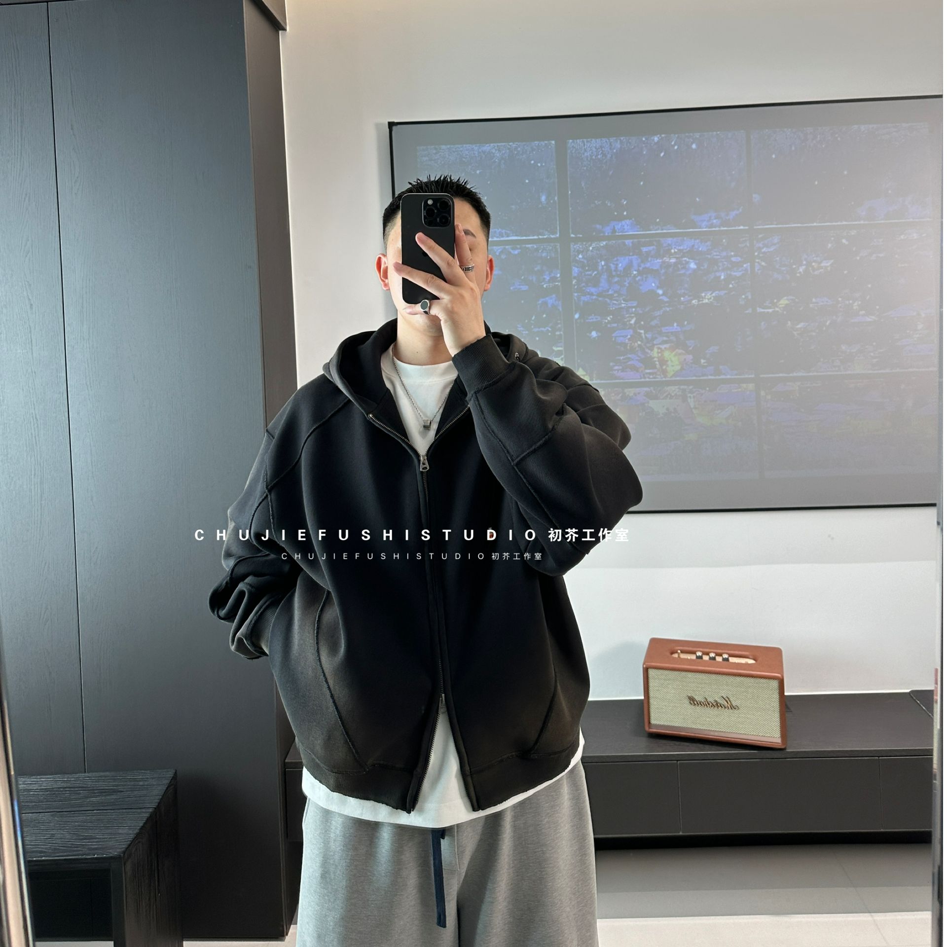 CHUJIE美式休闲重磅460g水洗做旧多结构加绒卫衣连帽外套