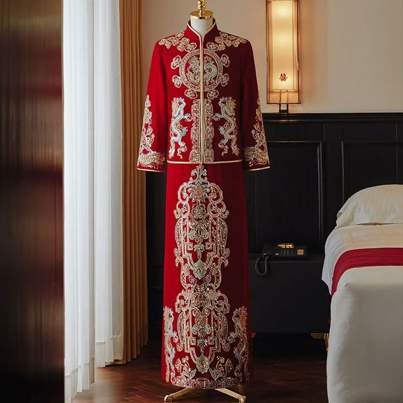 2025新款秀禾中式新郎丝绒礼服修身显示大气婚服新郎婚服结婚龙凤