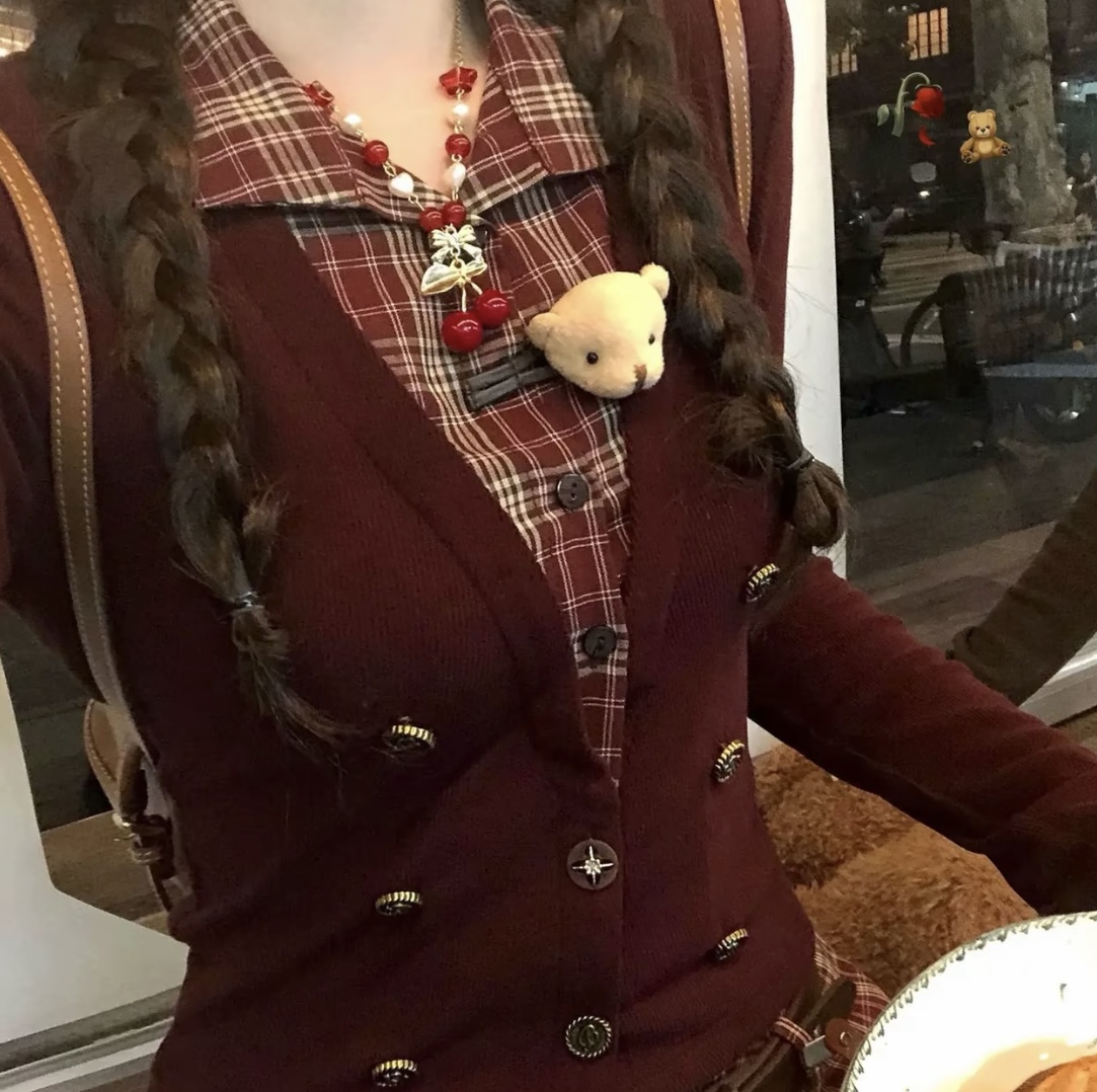 【圣诞千金】复古格子拼接假两件上衣女百搭百褶裙两件套k226&k178