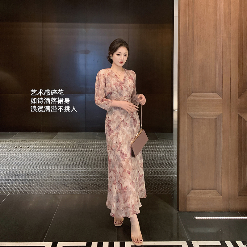 林关关【夏日倾心】温柔知性碎花七分袖后妈裙气质女人轻熟绑带长裙