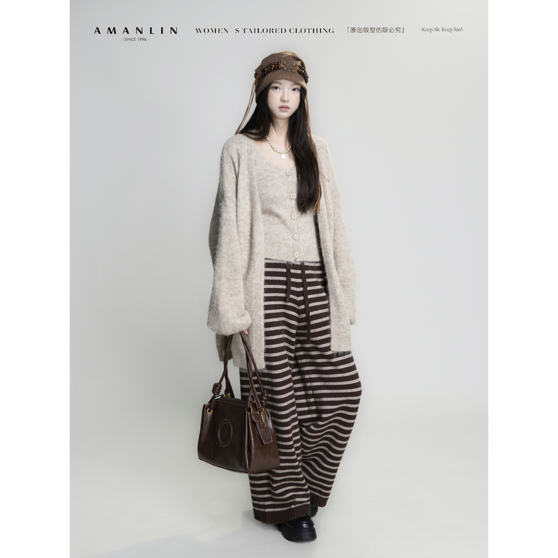 AMANLIN/阿谩琳琥珀流光复古休闲长款外套长裤时尚套装Y602030