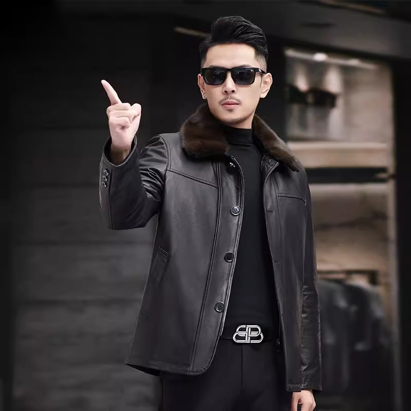 海宁男士真皮牛皮加绒加厚款翻领皮衣中老年加绒时尚男款男士秋冬