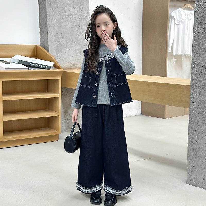 【嘻嘻柚】女童秋季中大童牛仔马甲打底衫套装韩版休闲时尚宽松潮流