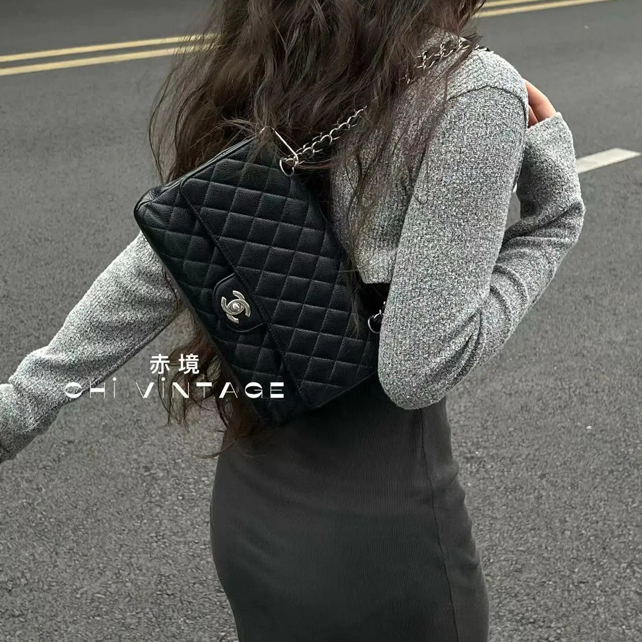 95新 Chanel/香奈儿 8353 黑银荔枝牛cf单肩包中号10-11