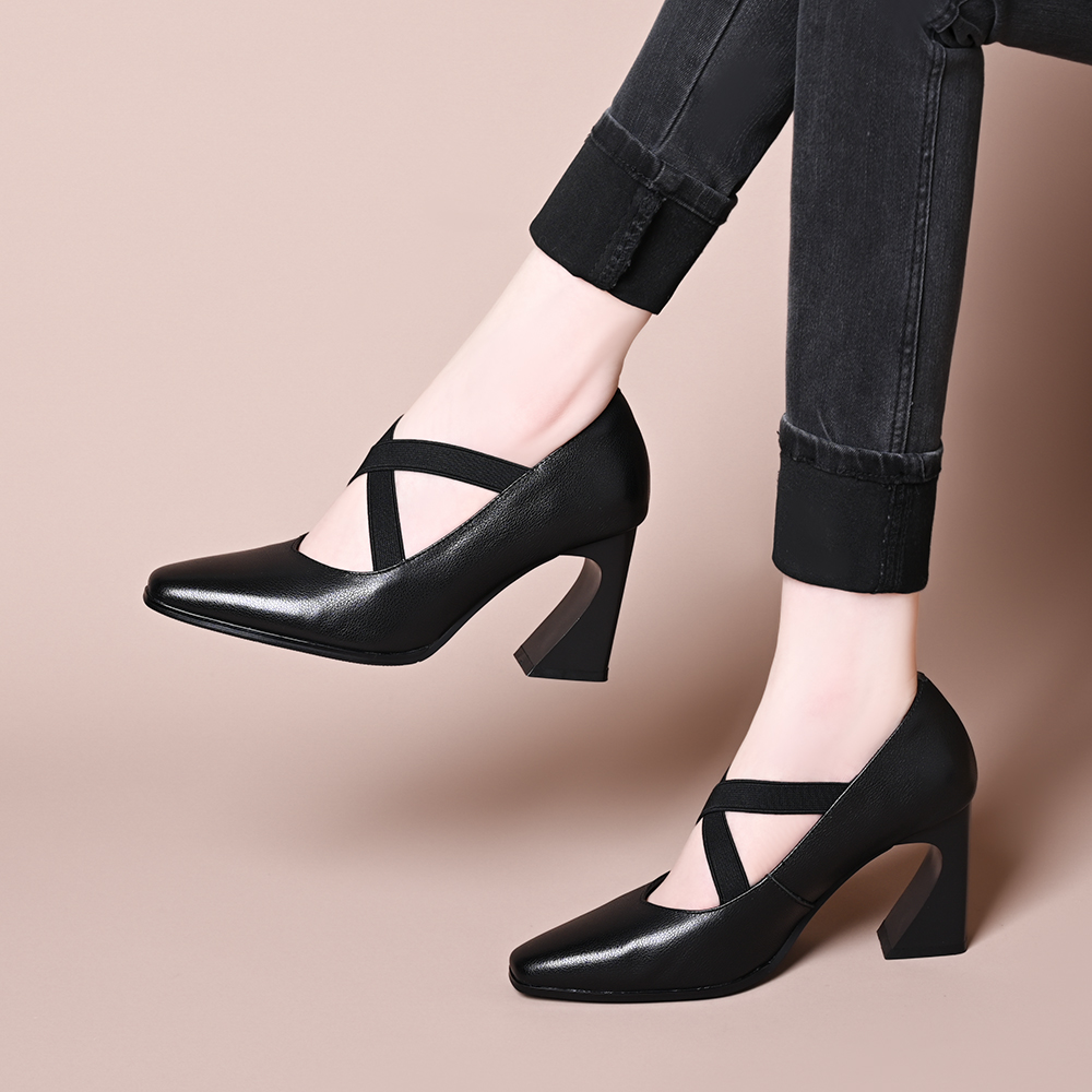 头层牛皮舒适小方头弹力交叉一字带粗跟玛丽珍鞋女小个子高跟单鞋
