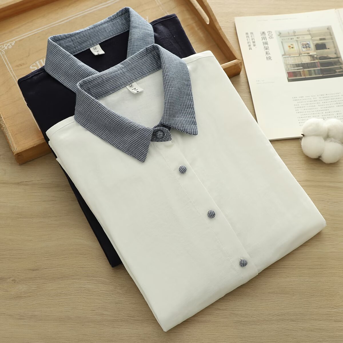 春秋新款拼色长袖衬衫女宽松文艺风双层棉纱上衣