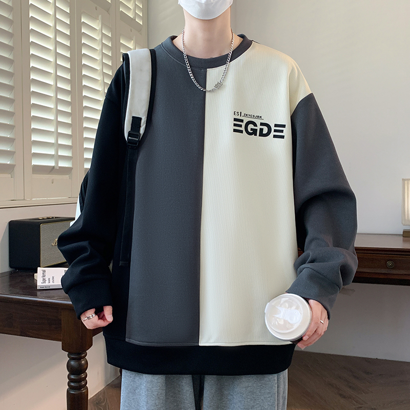 青少年学生男士卫衣圆领韩版撞色拼接潮流T恤长袖春秋装打底上衣
