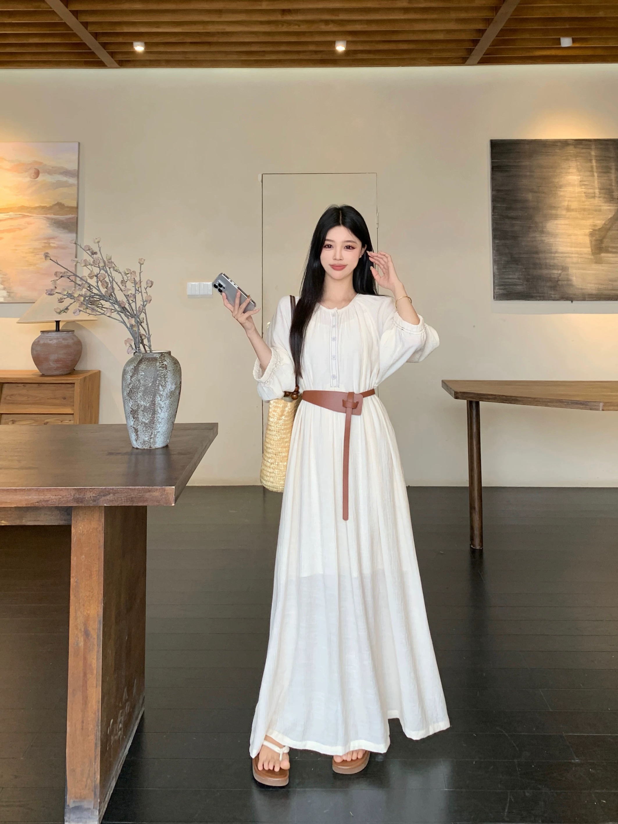 【239-469】小众设计宽松气质圆领连衣裙女夏季薄款裙子收腰遮肚裙