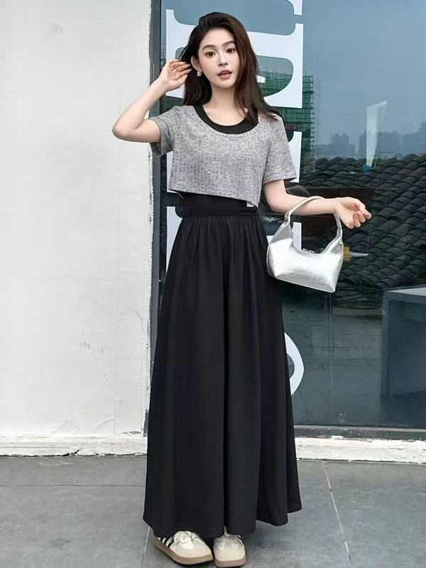 2551#【实物为准-长105】2025新款时尚短袖针织衫背心裙两件套套装