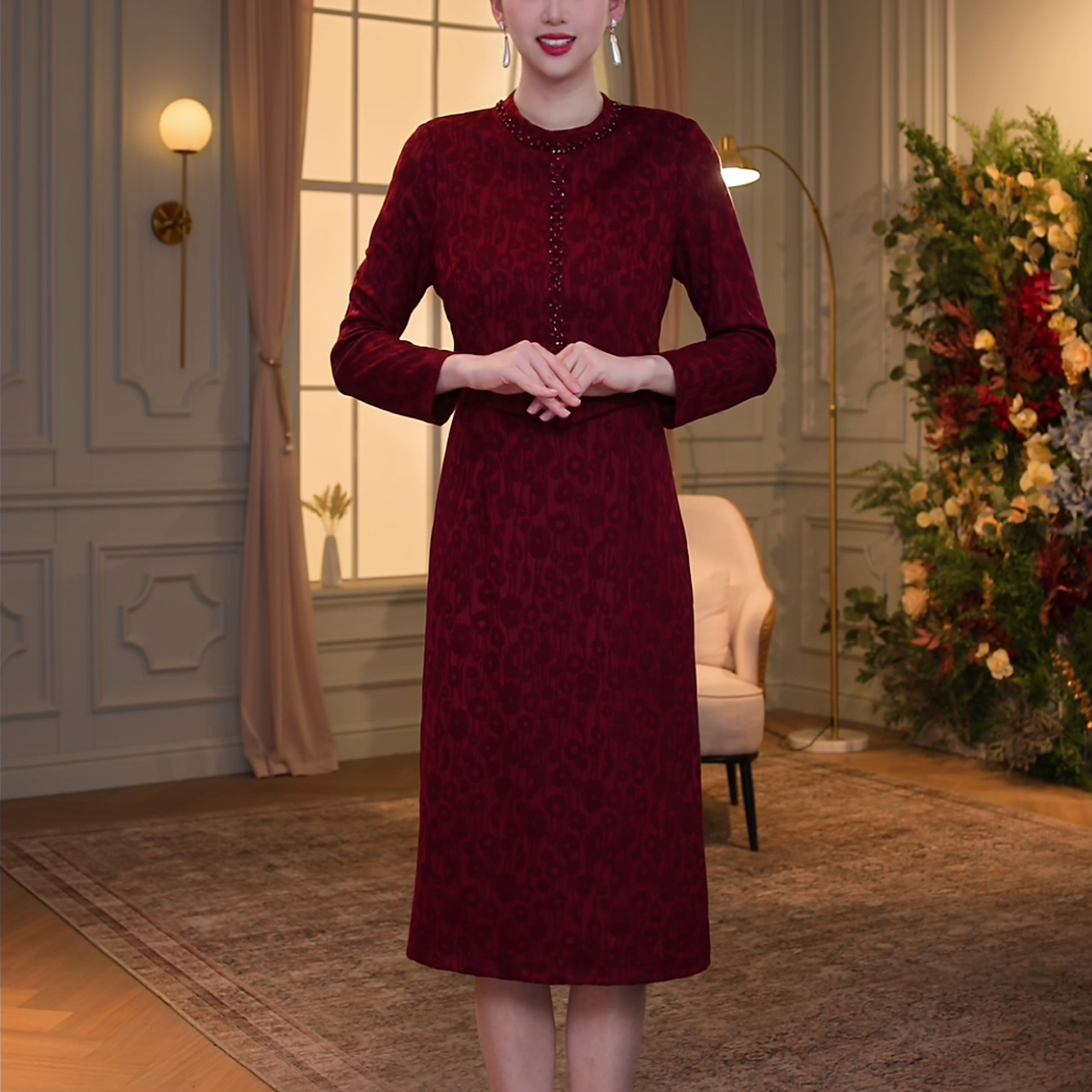 【香妮芬】83268春季新款酒红显瘦假两件女装连衣裙长裙气质结婚