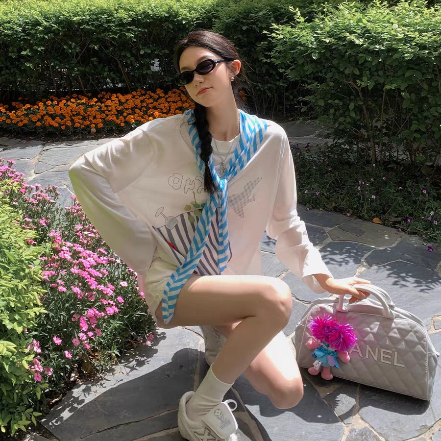 欧阳 条纹披肩印花长袖T恤女夏季薄款防晒慵懒宽松圆领上衣