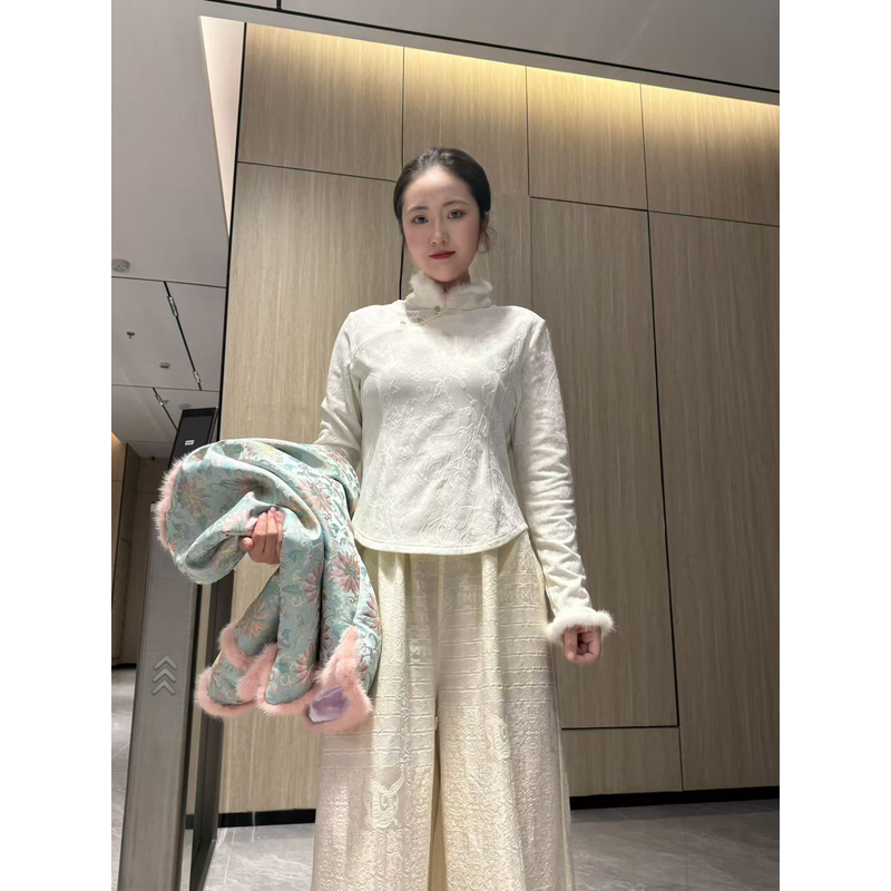 加厚加绒新中式德绒提花拼水貂毛打底上衣