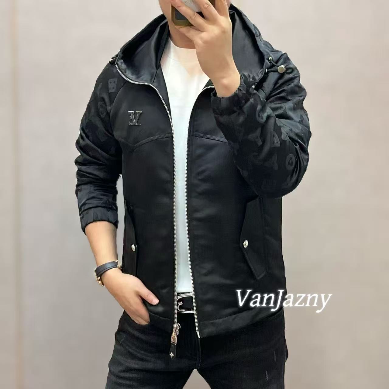 【VanJazny】轻奢高端潮流男士时尚百搭醋酸连帽立领风外套8098