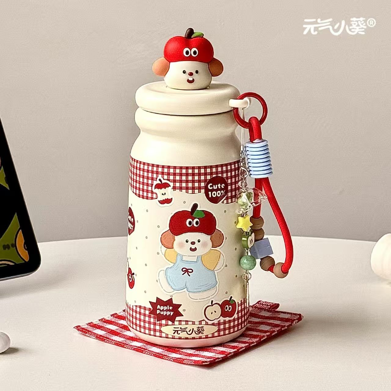 苹果小狗保温杯大容量2025新款学生可爱水杯带吸管杯子高颜值水杯