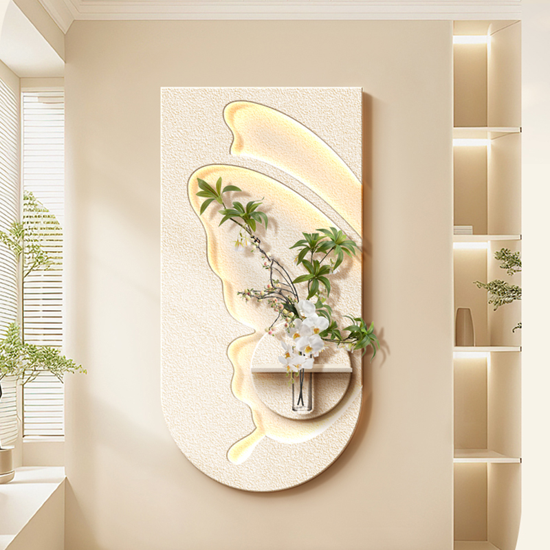 水培绿植奶油风玄关装饰画立体砂岩走廊过道挂画蝴蝶入户造景壁画