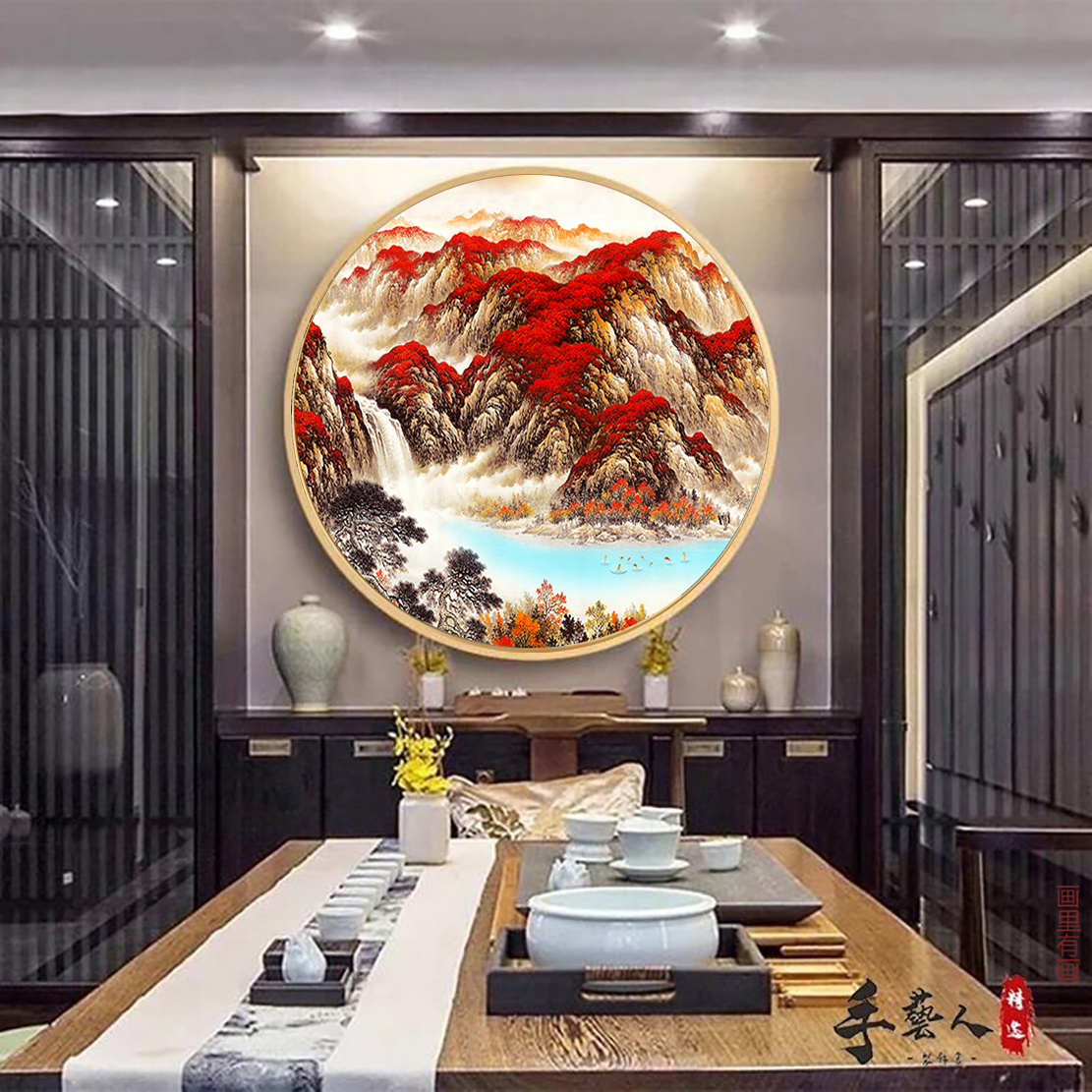 鸿运当头玄关挂画新中式圆形装饰画客厅背景壁画走廊过道国画茶室