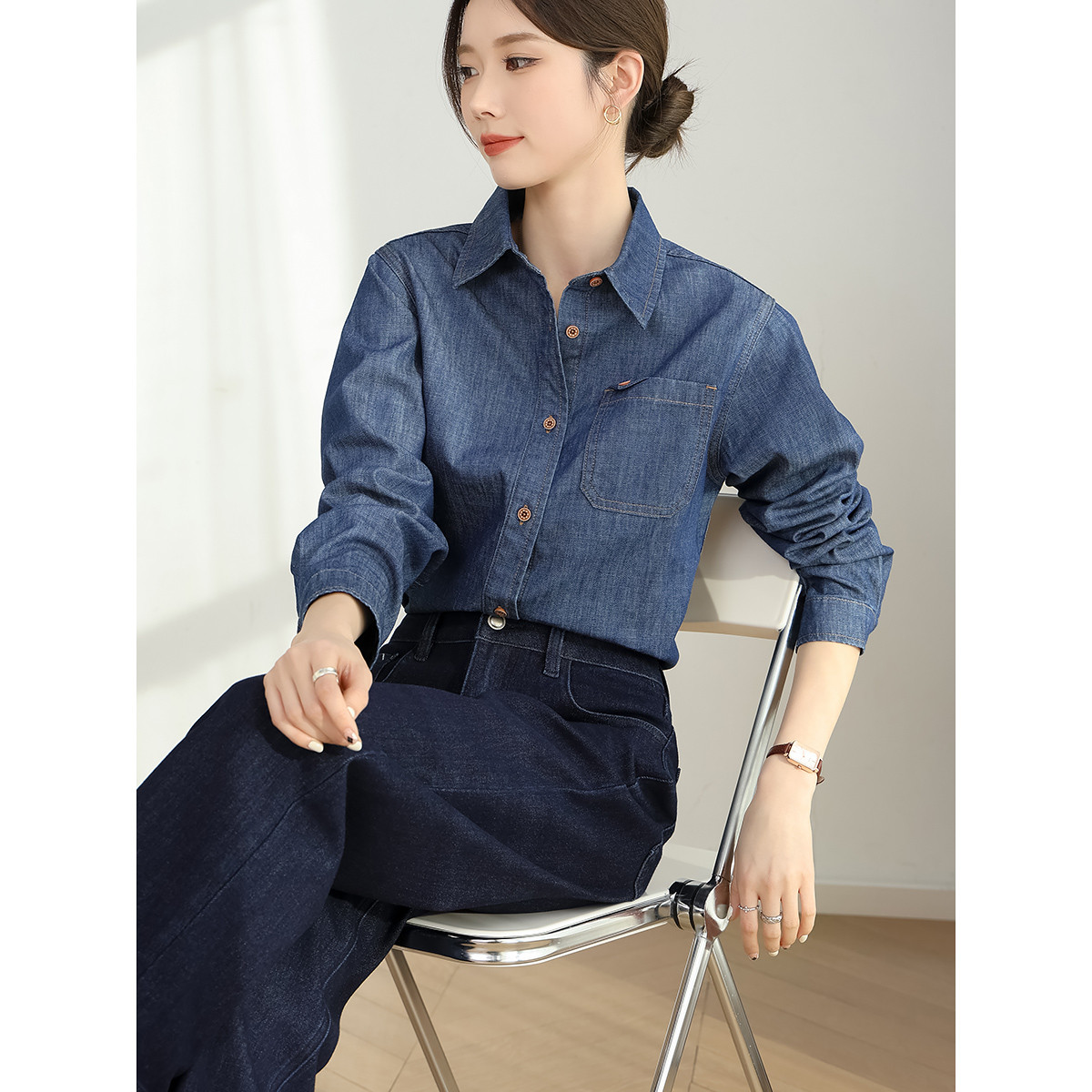 【欧若风新品】茵曼春季软牛仔衬衫复古通勤时尚百搭休闲长袖衬衣女