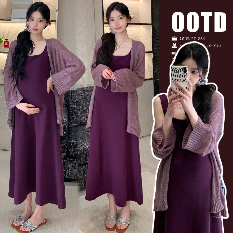 时尚小个子2025韩版新款针织开衫+紫色背心裙两件套孕妇装