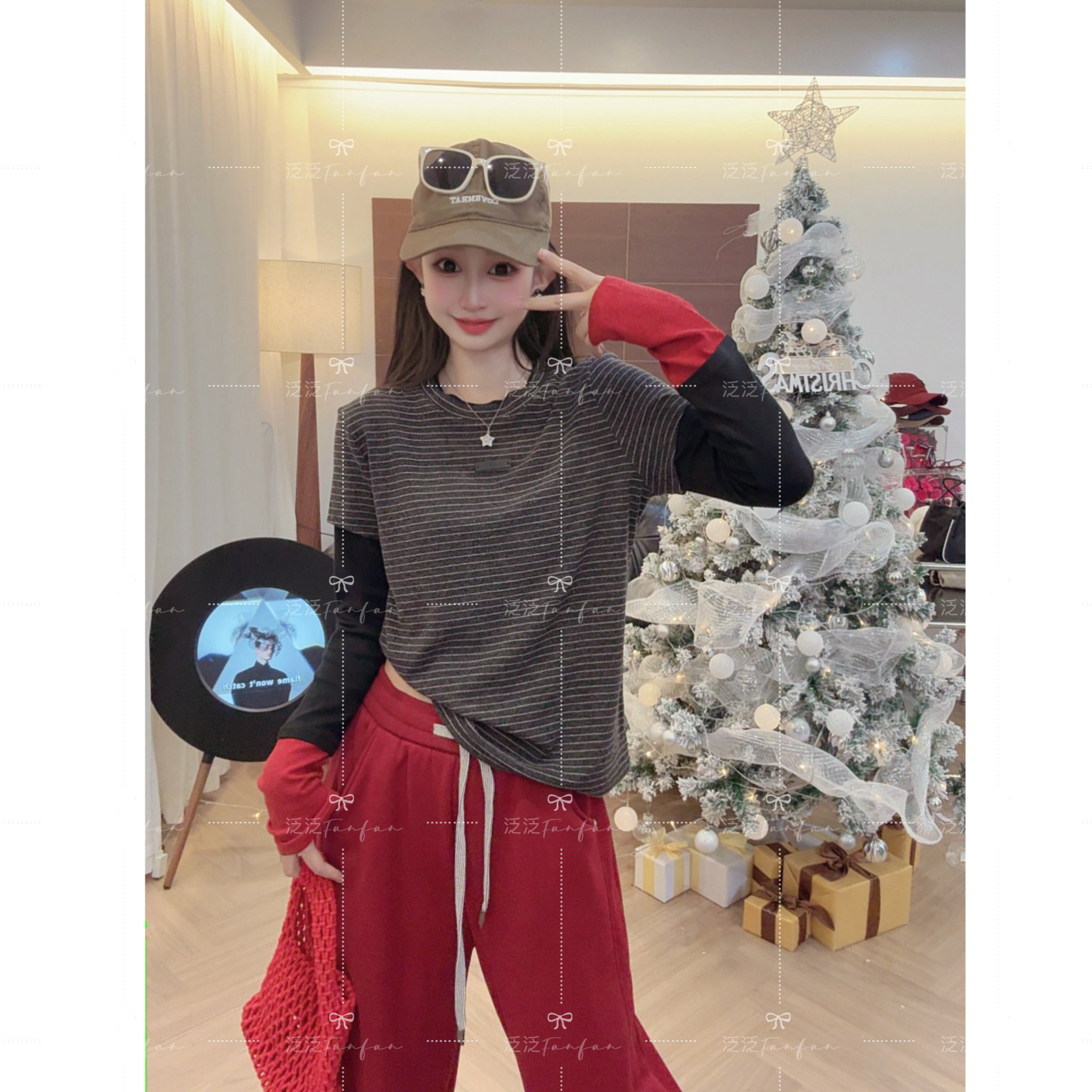 【高街配色】秋冬季小众拼接设计条纹T恤女时尚韩版假两件打底衫潮