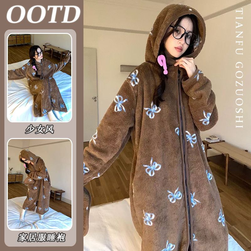 蝴蝶结印花连帽睡衣2025新款女秋冬珊瑚绒柔软舒适长睡袍中长款
