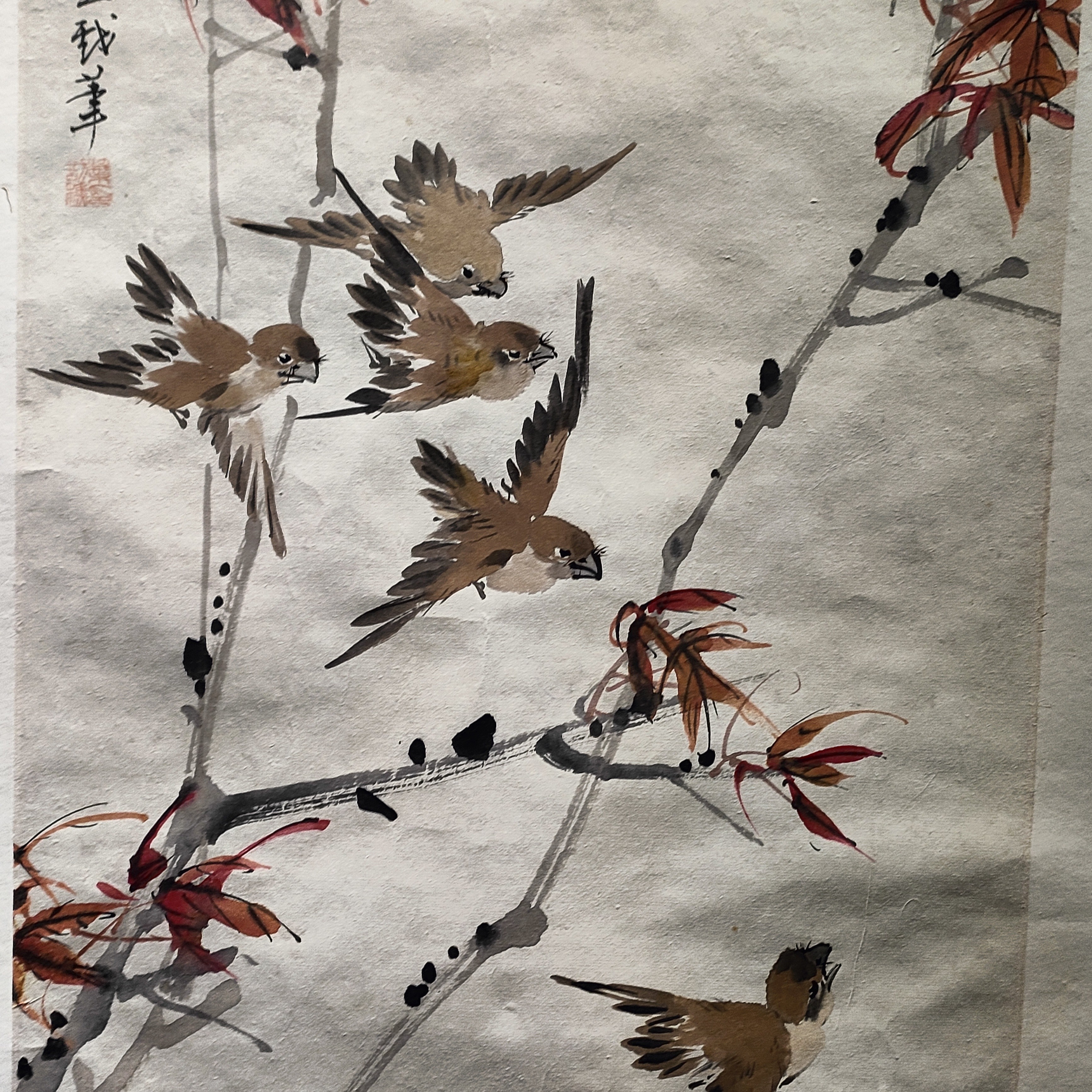 叶访樵镜心麻雀红叶图可直拍