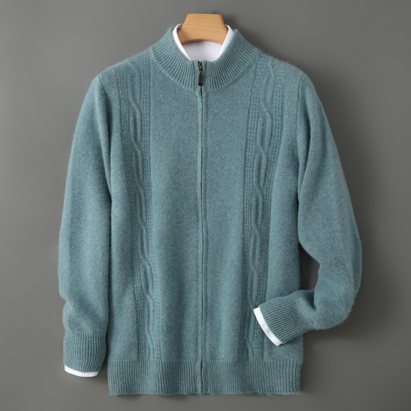 秋冬新款100%纯羊绒开衫男士纯色半高拉链外套 秋冬宽松毛衣外套