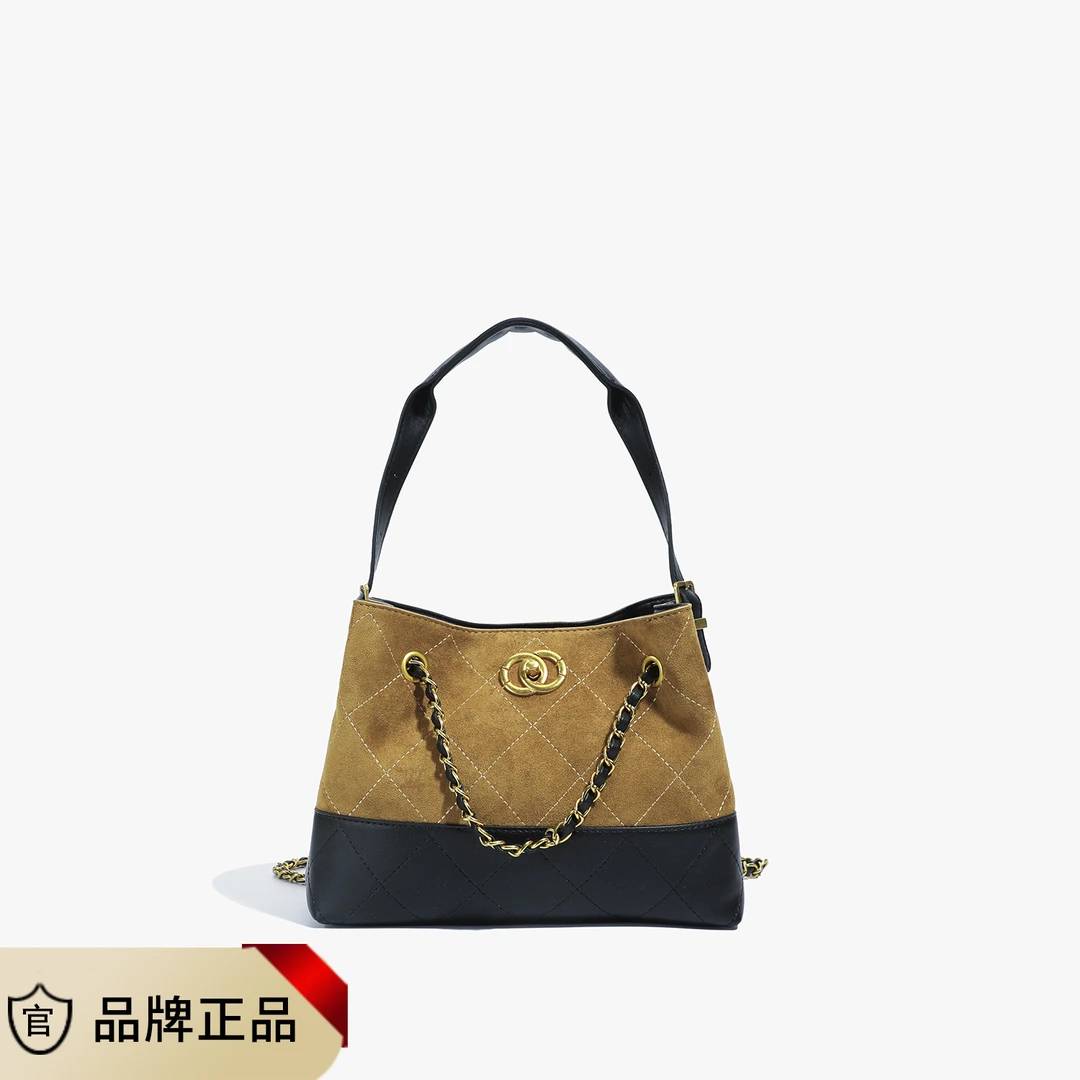 精致单肩元宝包菱格链条洋气香风斜挎包-8127#小号卡其配黑