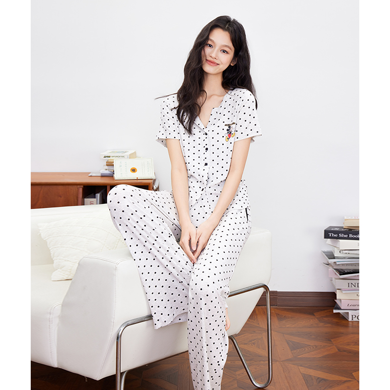 米诗缇【迪士尼波点米奇短袖长裤白色】小众设计可外穿短长款家居服