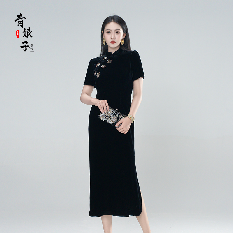 青娘子-丝绒（黛雪）串珠斜襟夏季高级感简约新中式立领旗袍61065