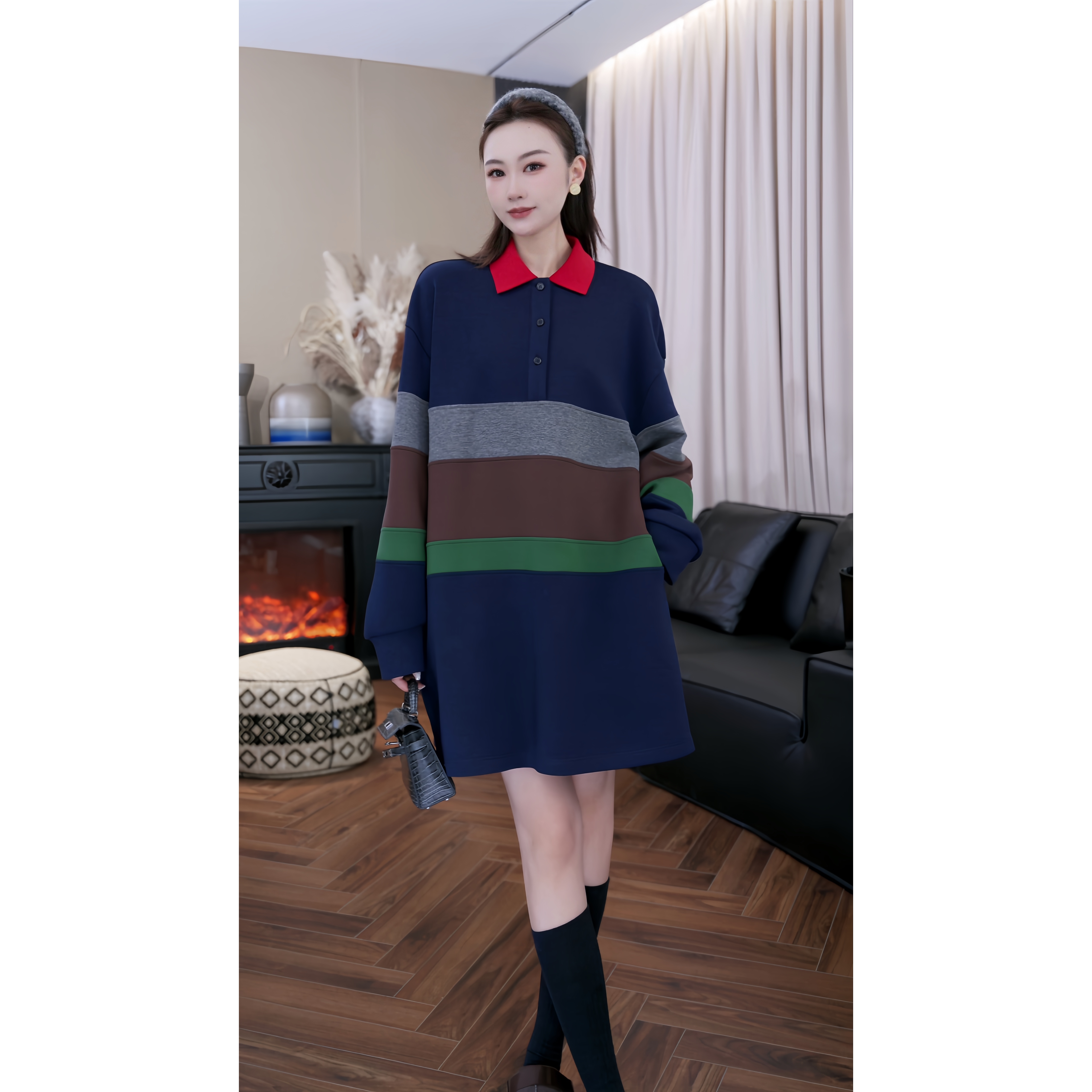 原创时尚简约休闲宽松舒适优雅显瘦直筒翻领拼色卫衣Z254105