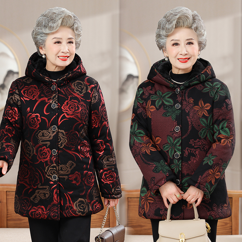 中老年女装中式加绒奶奶大衣老年人加厚冬季