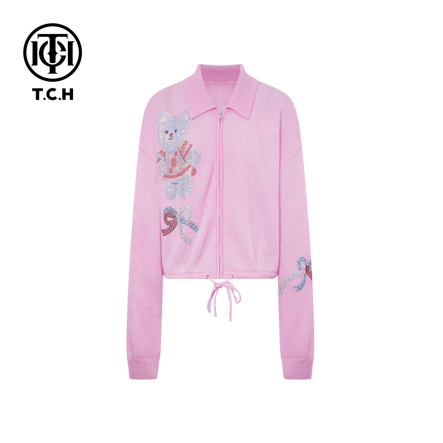 TCH【时尚百搭】冬款时尚烫钻粉色休闲风女装针织开衫T75D43E5030