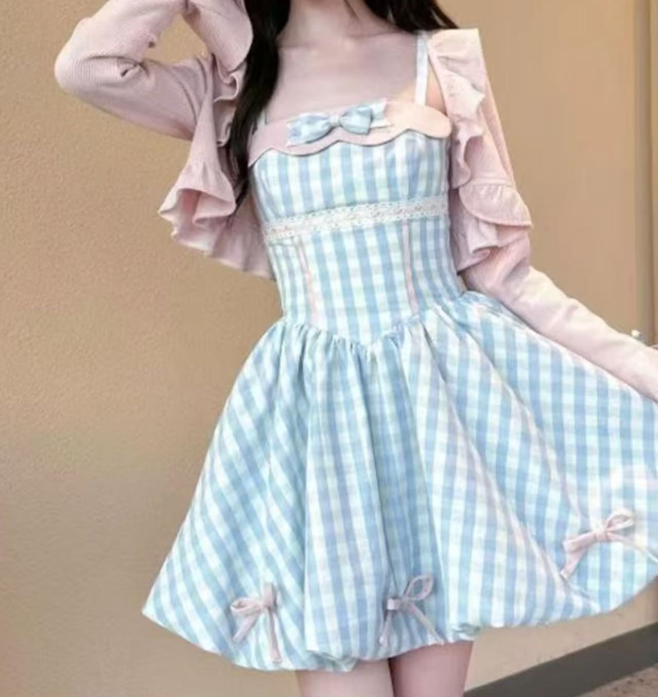 夏季新款大码2579款甜美温柔粉色针织长袖蓝格子吊带连衣裙套装