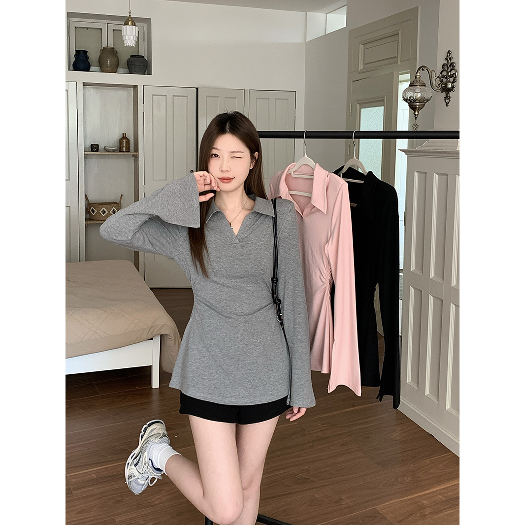 2025秋装新款女胖mm收腰宽松型显瘦T恤设计感遮肉喇叭袖上衣