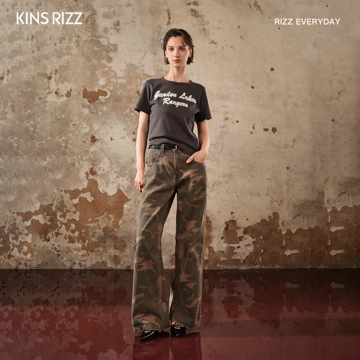 KINSRIZZ睿自风复古褪色怀旧迷彩立体剪裁秋季柔软直筒阔腿工装裤