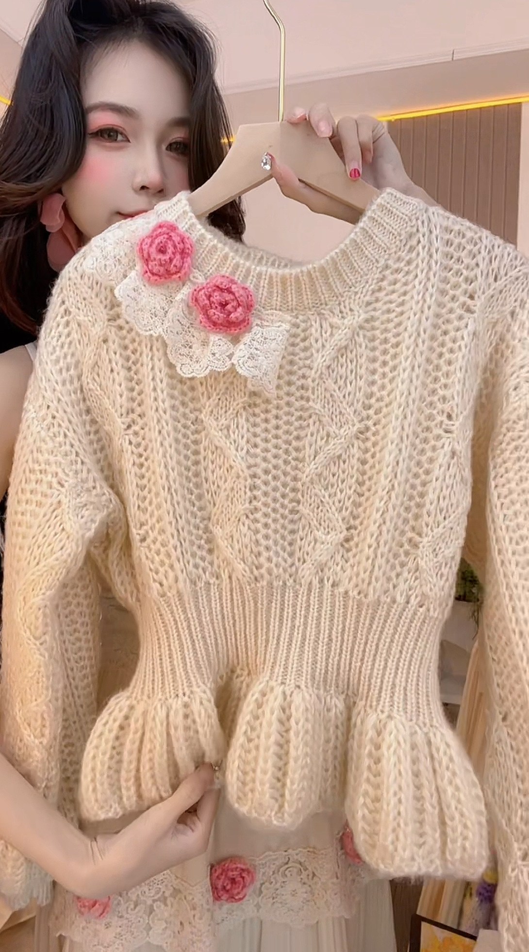 【韩系欧尼】毛针织衫蕾丝长袖时尚百搭小众秋冬套头韩版温柔设计感