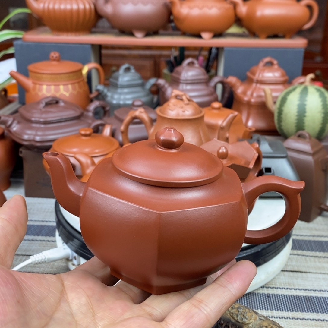 紫砂茶壶六方宫灯260cc原矿朱泥特价