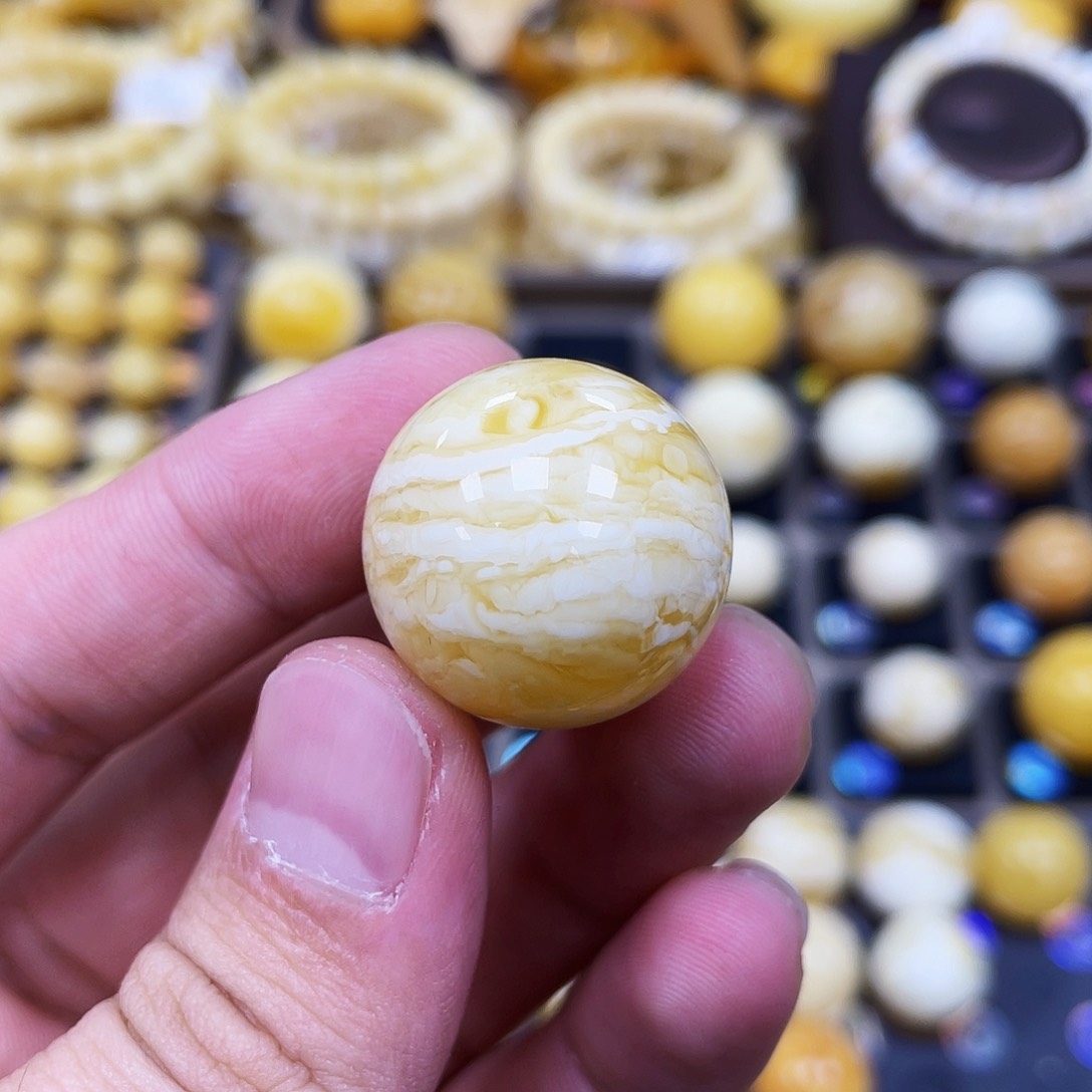 蜜蜡珠宝奇石未镶嵌23.3mm瓷白花蜡虎皮款｜圆珠·段掌柜