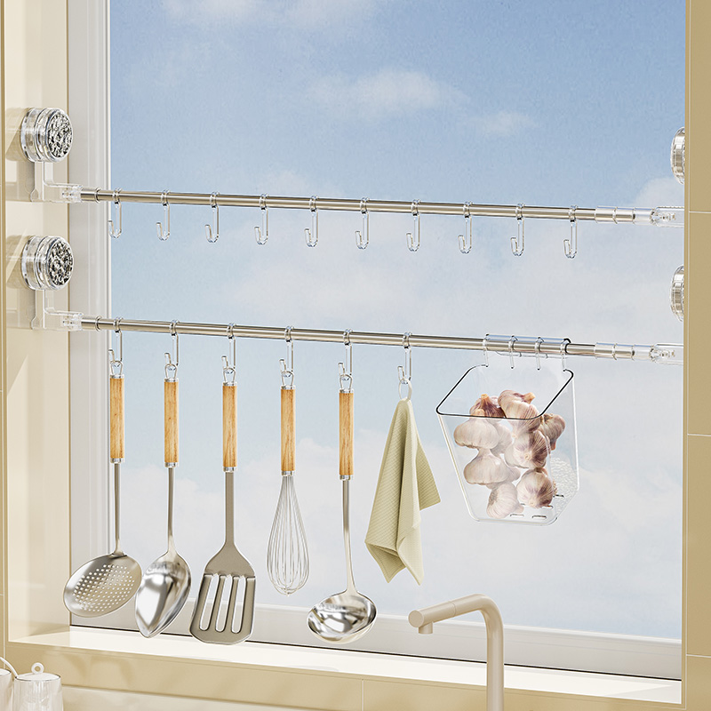 吸盘厨房窗台挂杆可伸缩免打孔带挂钩置物架锅铲具抹布窗户收纳架