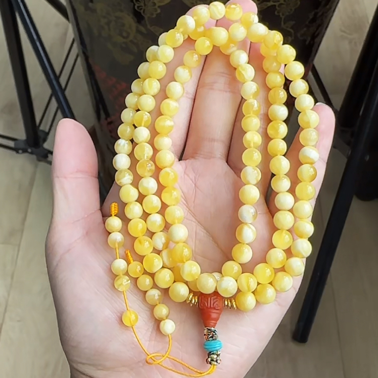 【齐福珠宝】XQ1163/6mm特价清原矿蜜蜡金白圆珠佛珠（多样性发其一）