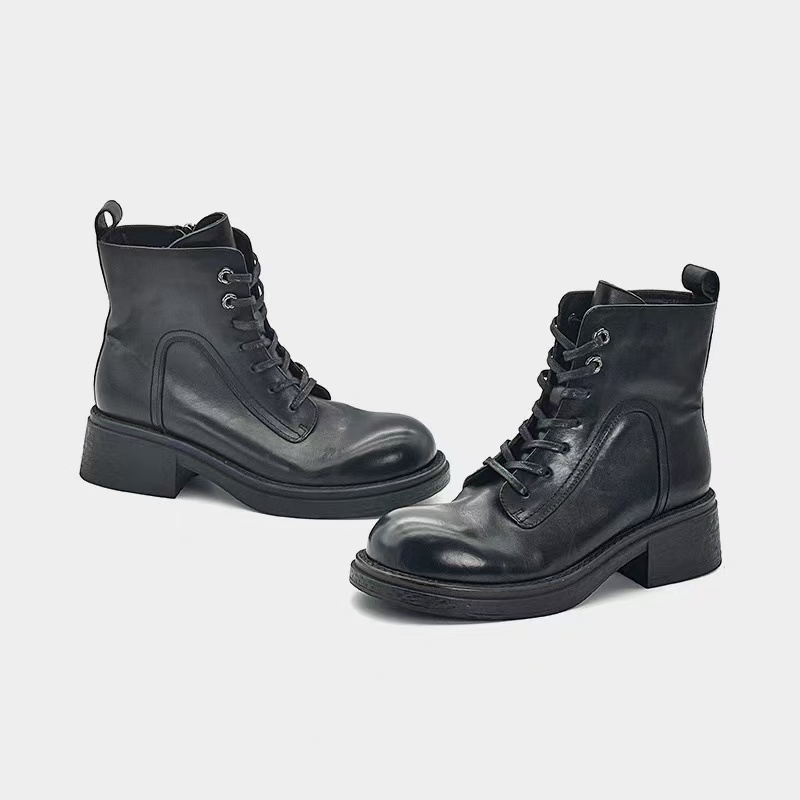 C1508  黑色  秋冬季气质粗跟时尚女士圆头真皮短靴 马丁靴