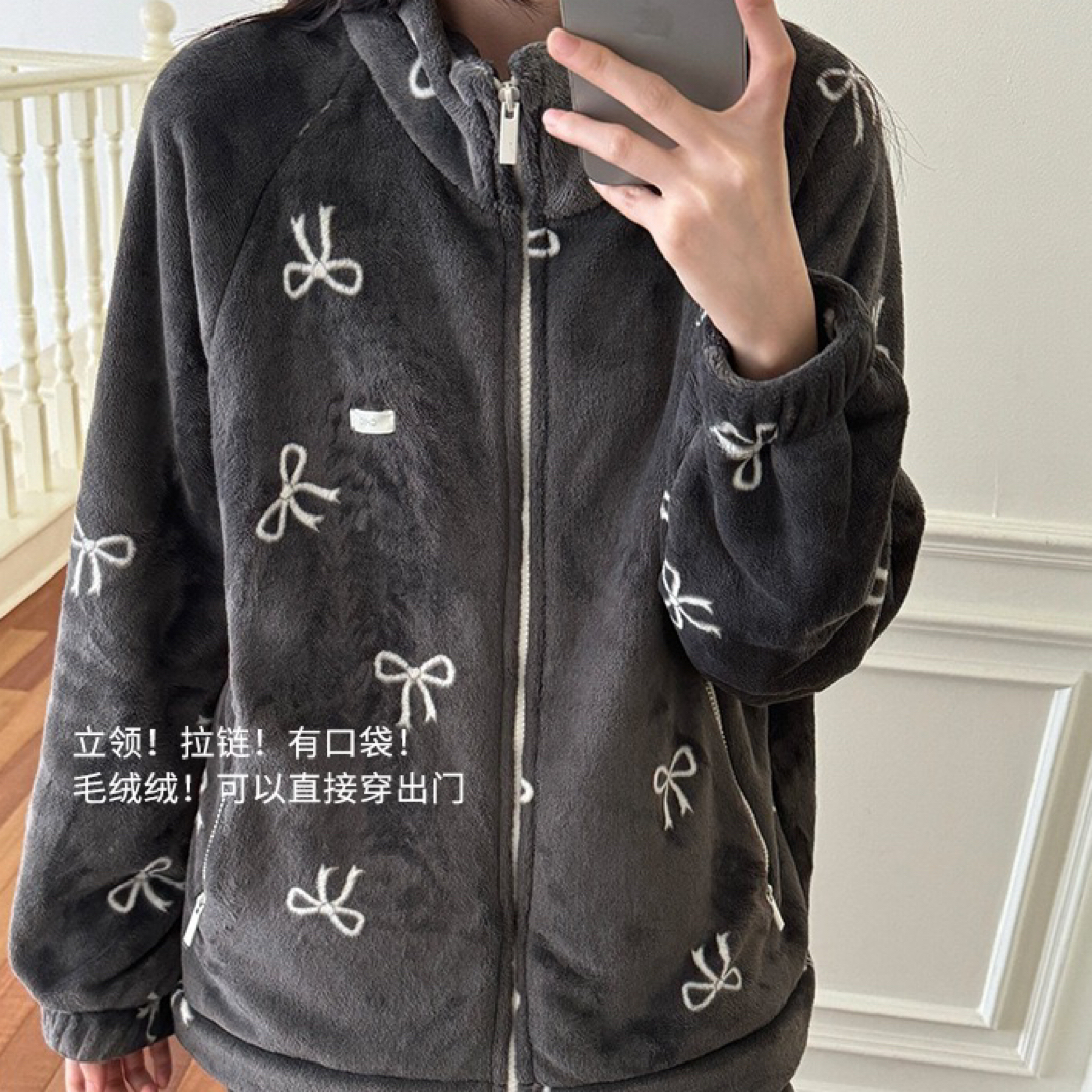 秋冬加厚保暖女款牛奶绒拉链蝴蝶结印花睡衣立领冬季套装珊瑚绒